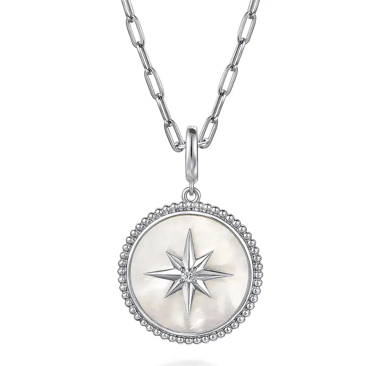 Gabriel & Co. Bujukan White Sapphire and Mother Of Pearl Round Starburst Medallion Pendant