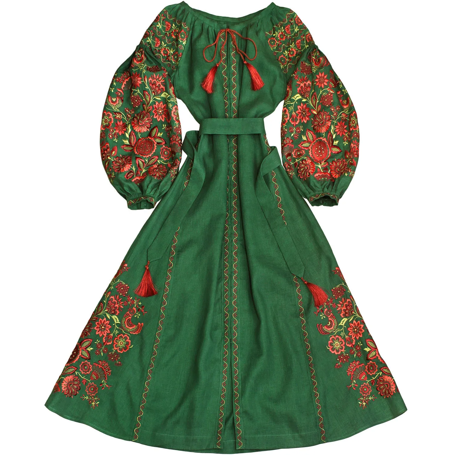 Green Kaftan with ethnic embroidery