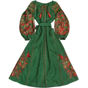 Green Kaftan with ethnic embroidery