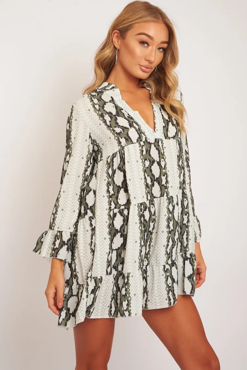 Green Snake Plunge Tiered Detail Dress - Kaiya