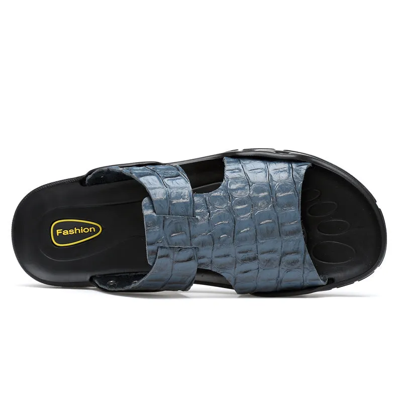 INSTOCK- Embossed crocodile pattern cowhide men's slippers.
