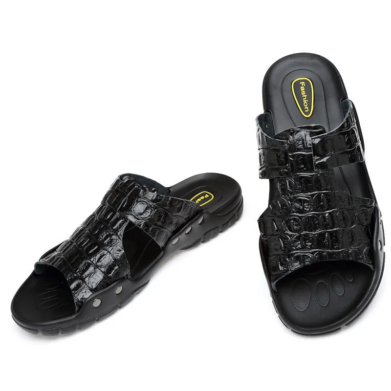 INSTOCK- Embossed crocodile pattern cowhide men's slippers.