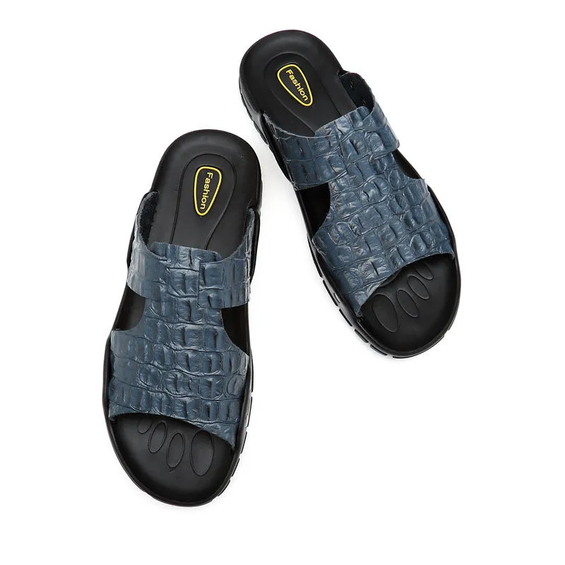 INSTOCK- Embossed crocodile pattern cowhide men's slippers.