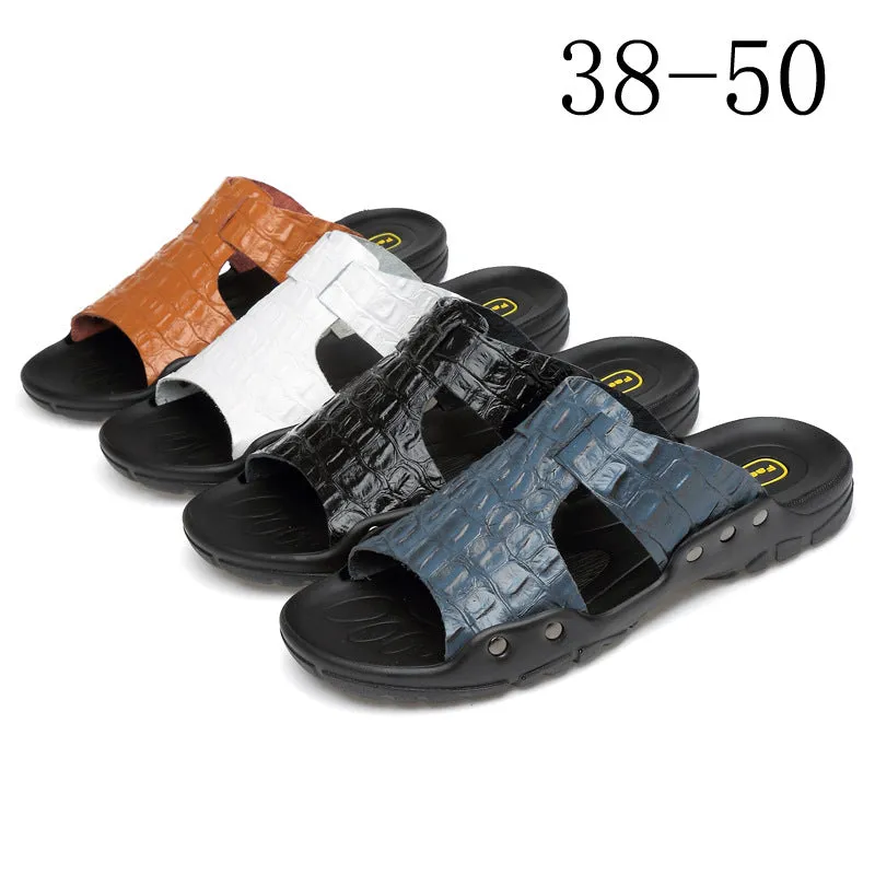 INSTOCK- Embossed crocodile pattern cowhide men's slippers.