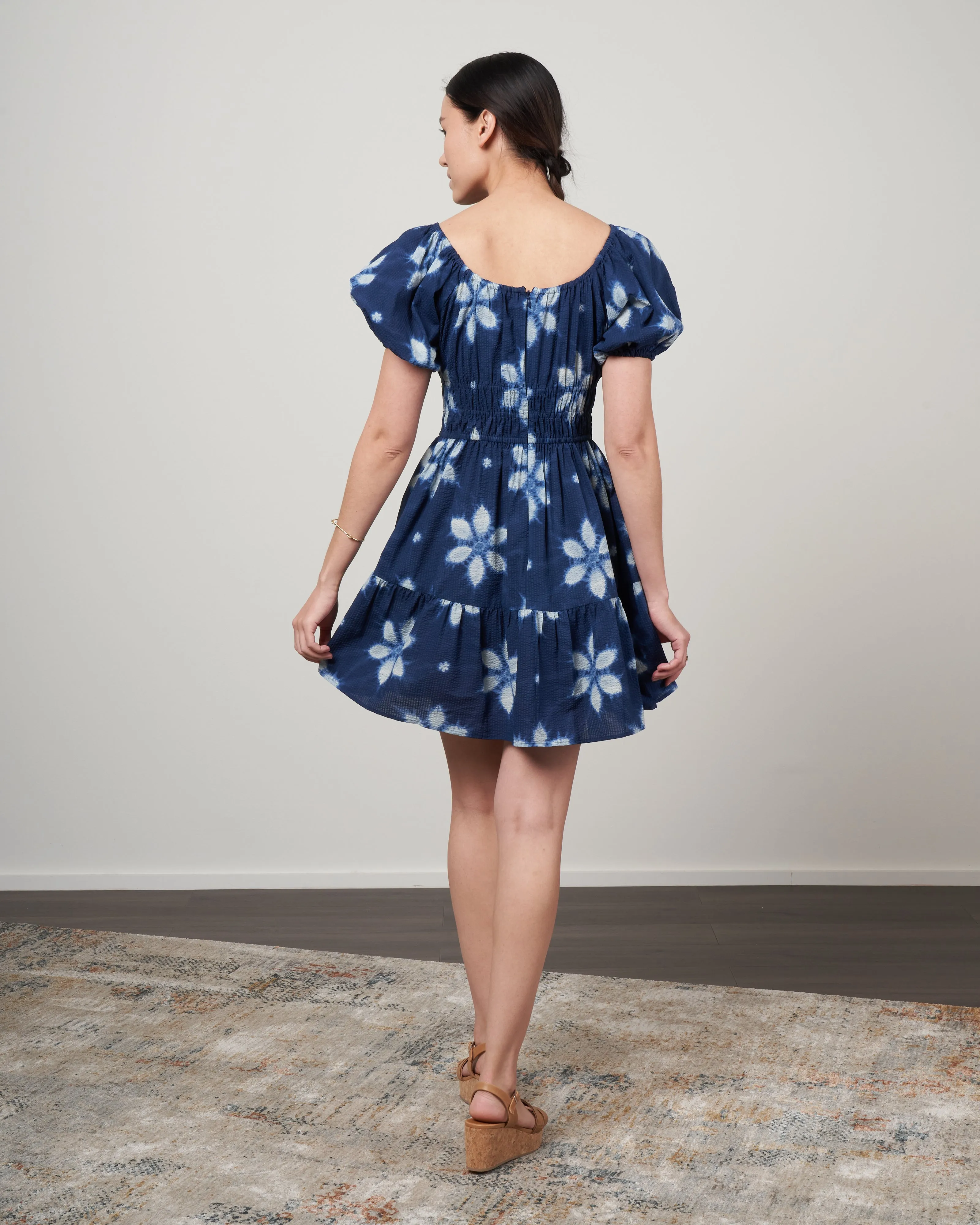 isla print puff sleeve dress - navy
