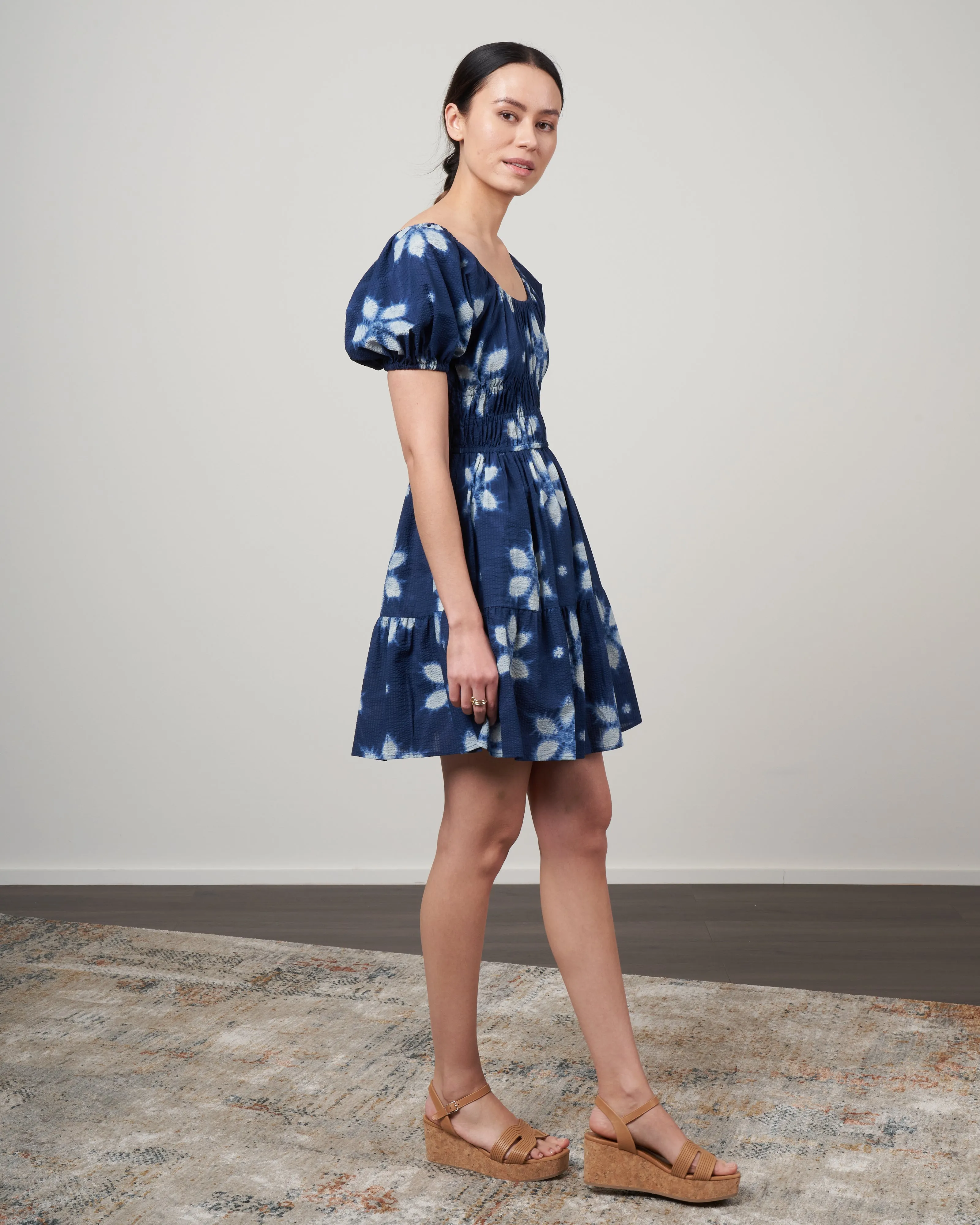 isla print puff sleeve dress - navy