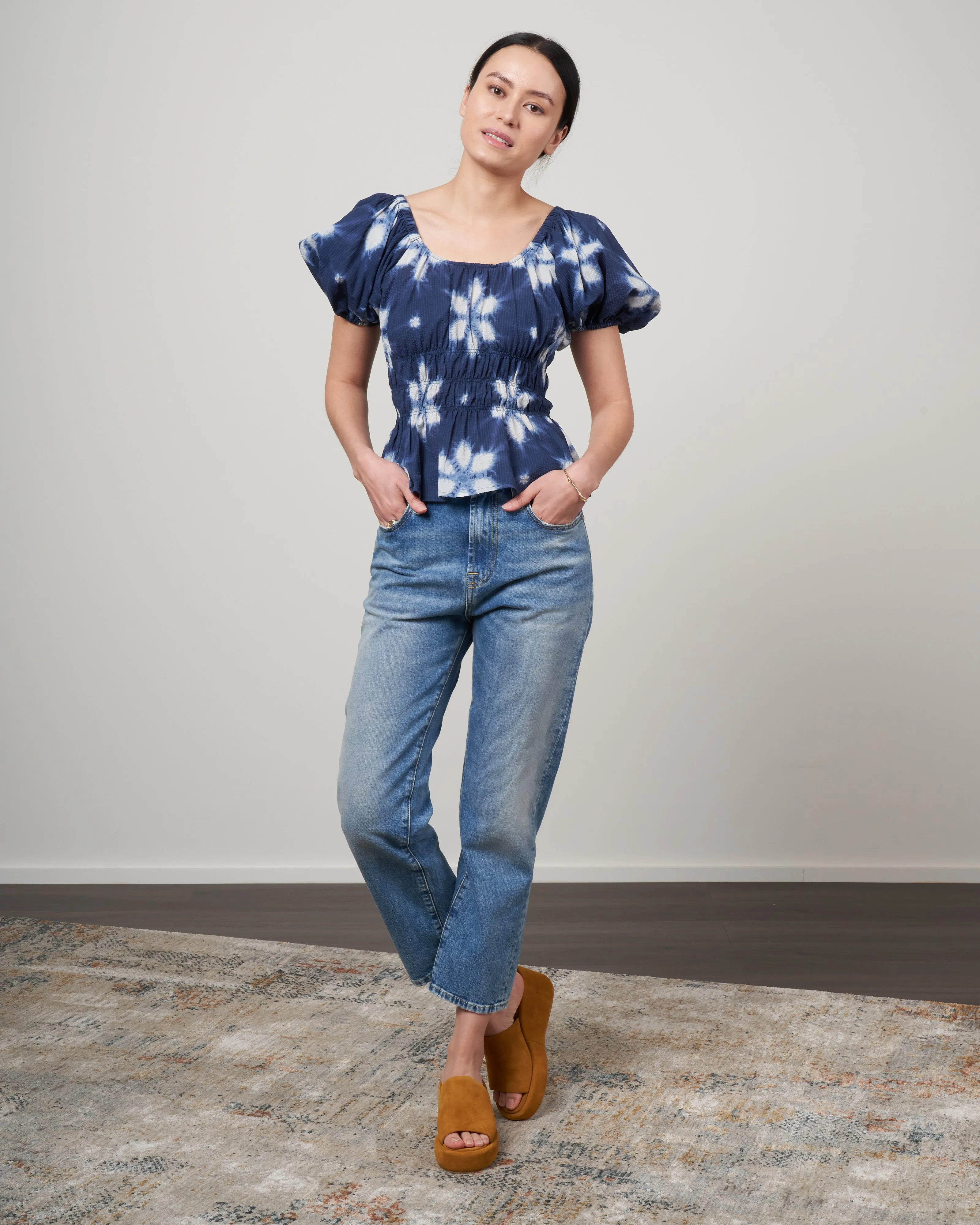 isla print puff sleeve top - navy
