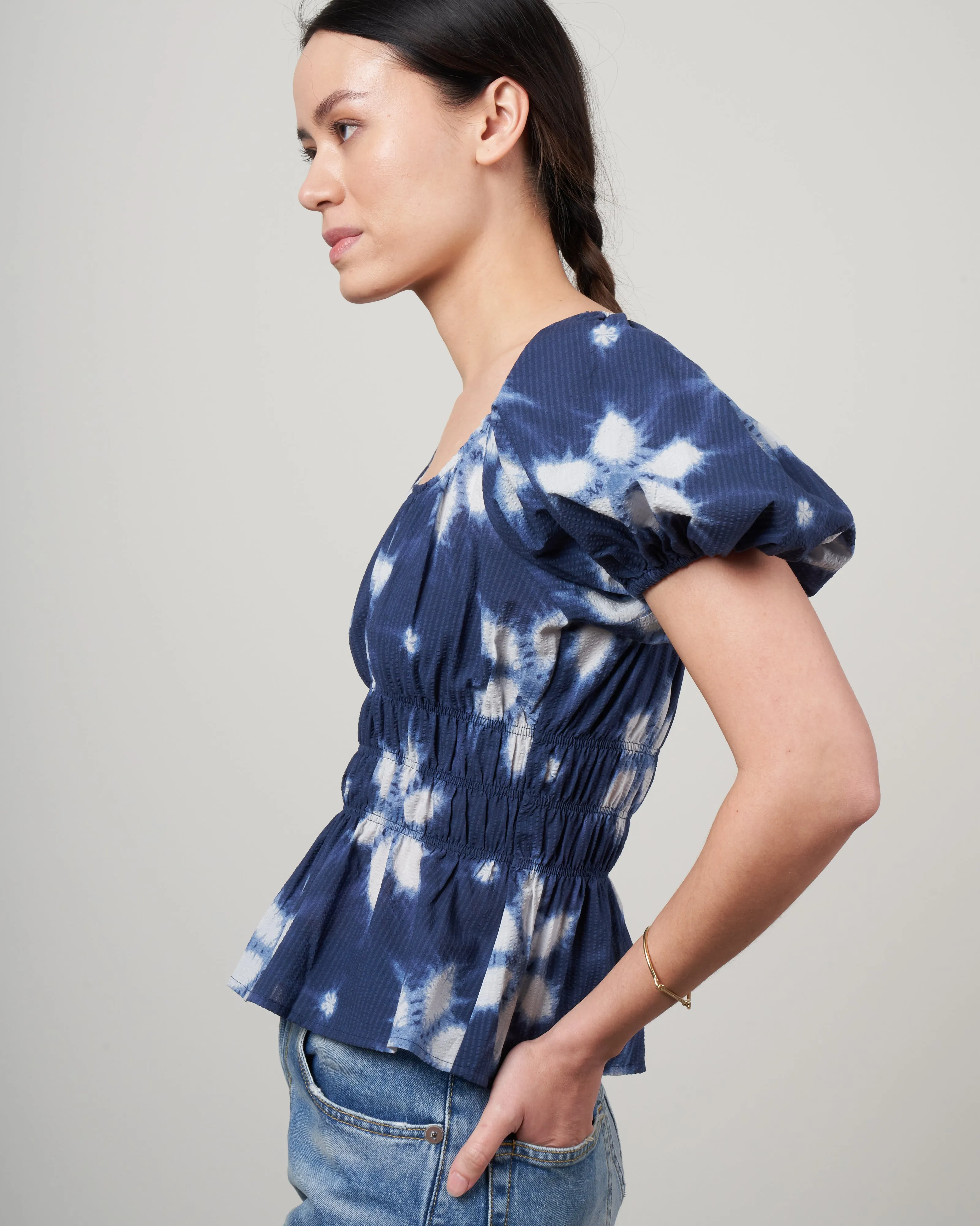 isla print puff sleeve top - navy