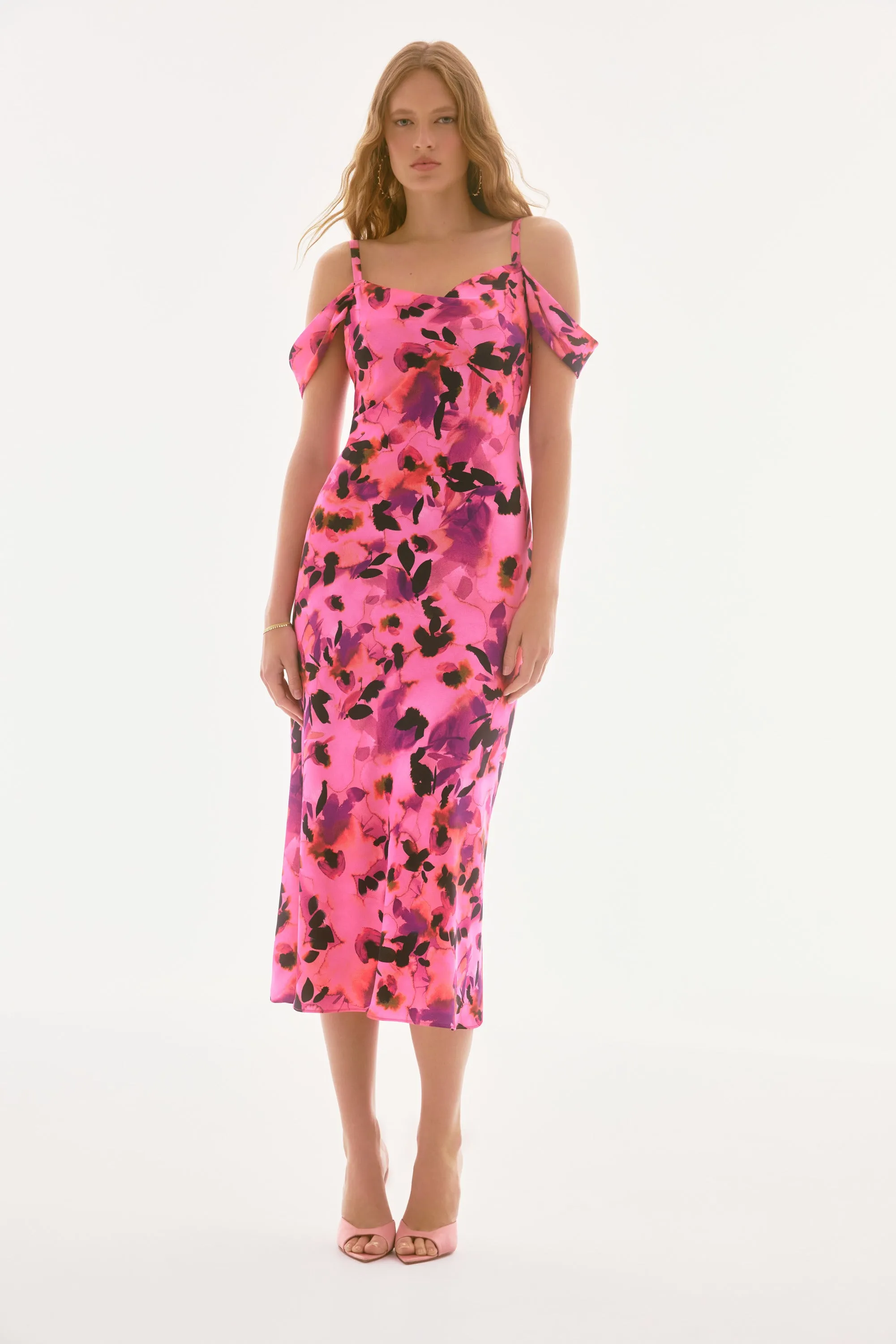 Joseph Ribkoff Signature | Satin Floral Sheath Dress with Cold Shoulder