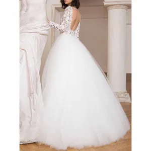 Lace Boat Neck Ball Gown Tulle Long Sleeve Wedding Dress