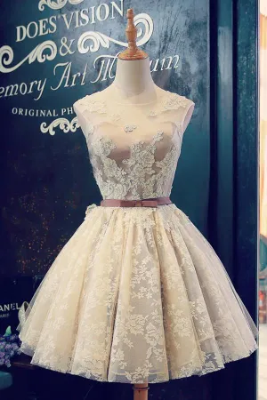 Lace Up Appliques Sheer Back Homecoming Dress, Boat Neck Sleeveless Short Prom Dress, MH143
