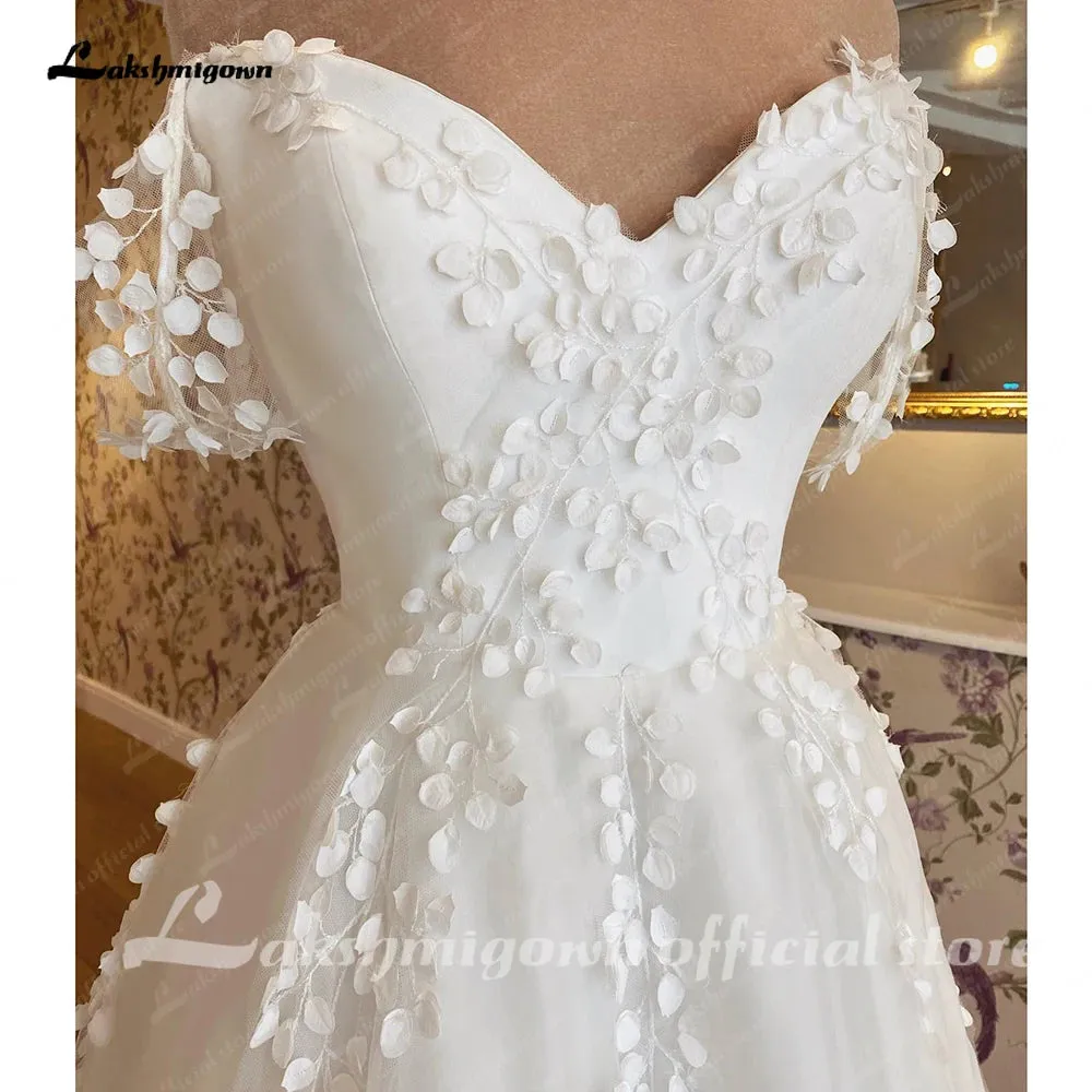 Lakshmigown Boat Neck Floral Lace Bohemian Wedding Dress 2023 Off the Shoulder Sexy Bridal A Line Beach Wedding Gowns