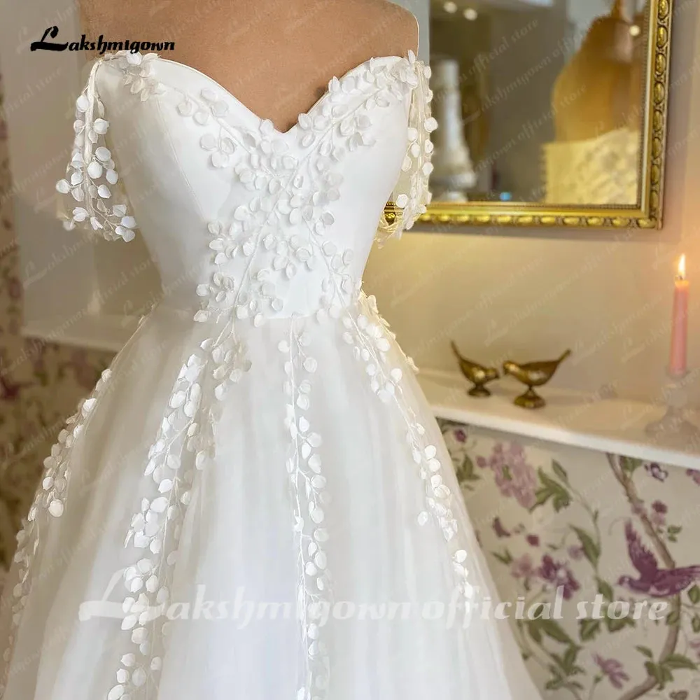 Lakshmigown Boat Neck Floral Lace Bohemian Wedding Dress 2023 Off the Shoulder Sexy Bridal A Line Beach Wedding Gowns