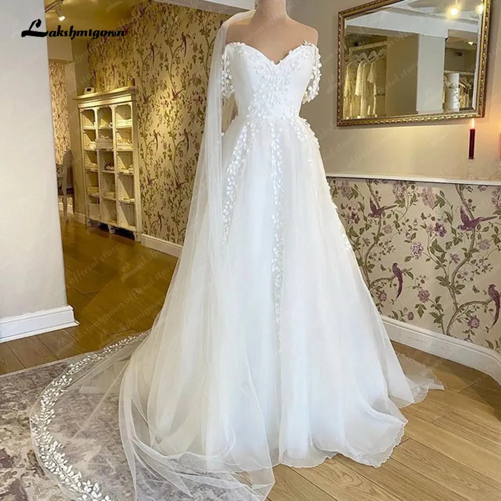 Lakshmigown Boat Neck Floral Lace Bohemian Wedding Dress 2023 Off the Shoulder Sexy Bridal A Line Beach Wedding Gowns