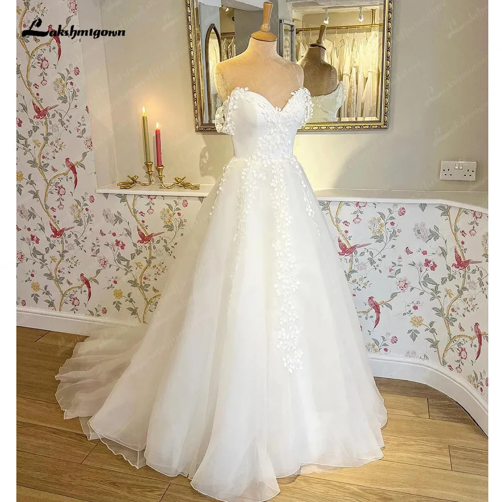 Lakshmigown Boat Neck Floral Lace Bohemian Wedding Dress 2023 Off the Shoulder Sexy Bridal A Line Beach Wedding Gowns
