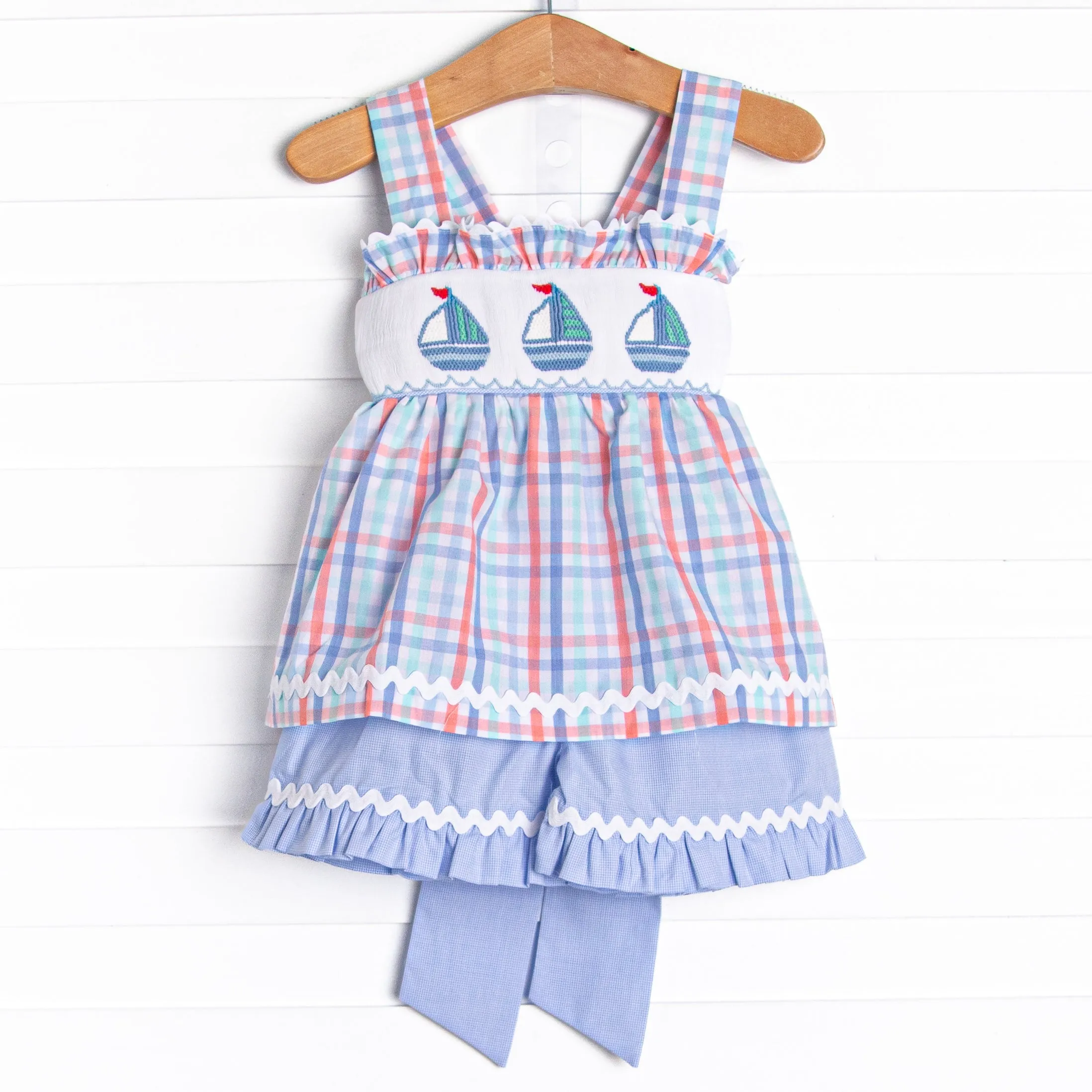 Land Ho! Smocked Ruffle Short Set, Blue