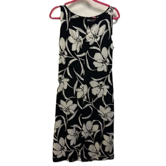 Lauren Ralph Lauren Sleeveless Dress SZ 10 Black/White Floral w/gathered side