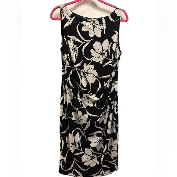 Lauren Ralph Lauren Sleeveless Dress SZ 10 Black/White Floral w/gathered side