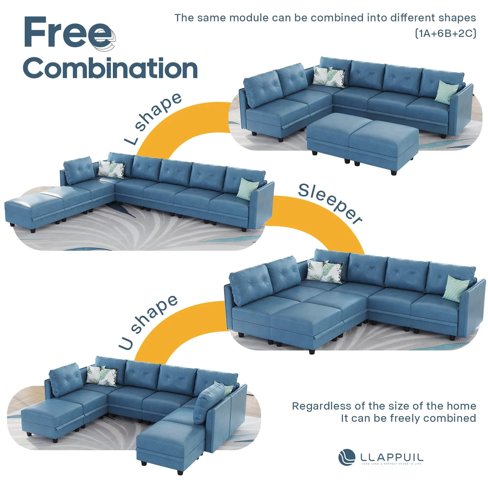 LLappuil Modular Faux Leather Sectional Sofa with Storage, 111.8" Width, 6 Seat - Navy Blue