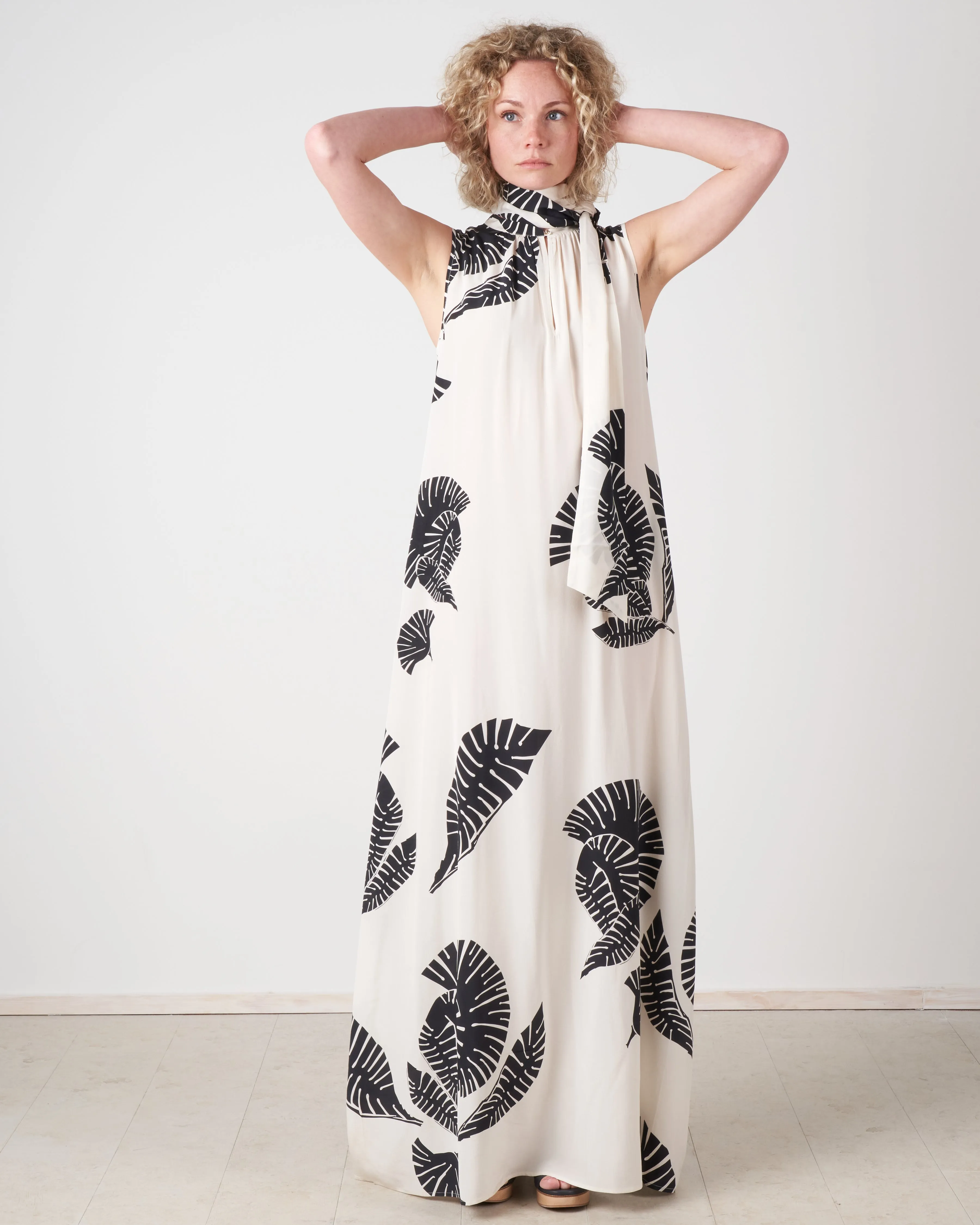 long silk dress w/leaves - ivory
