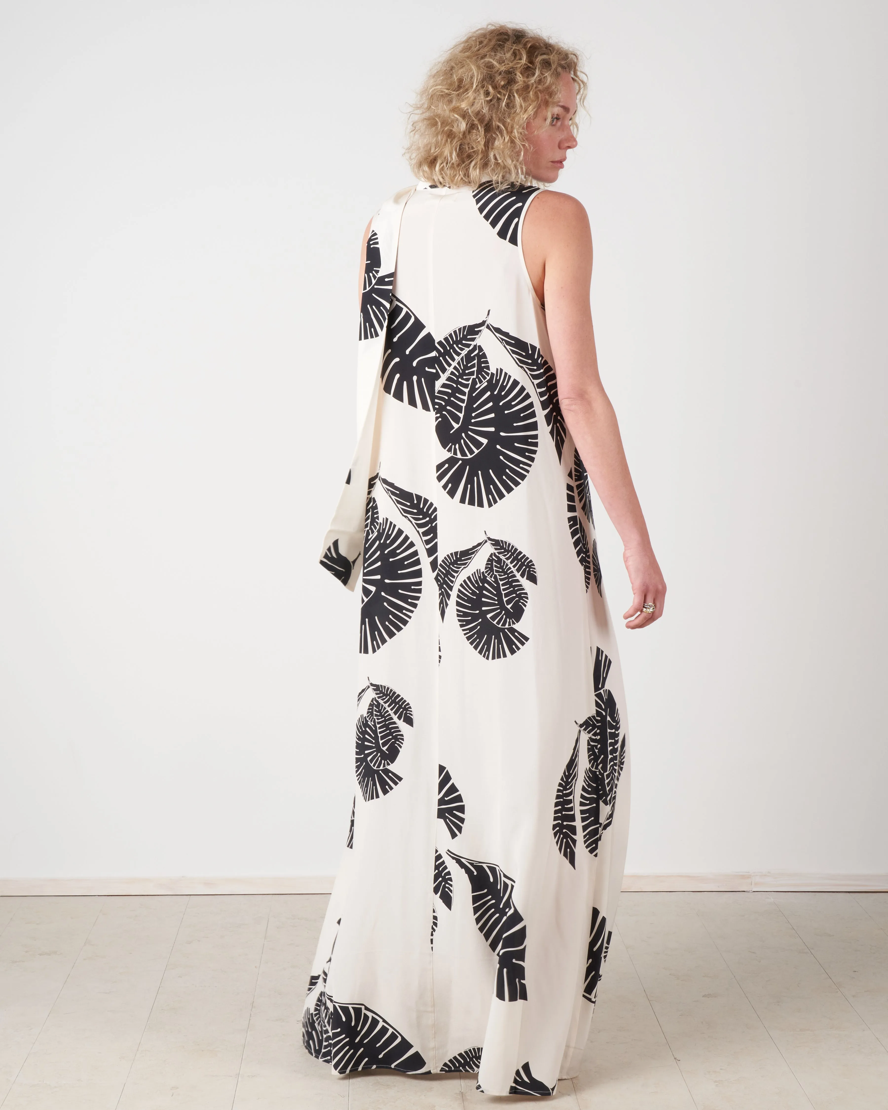 long silk dress w/leaves - ivory