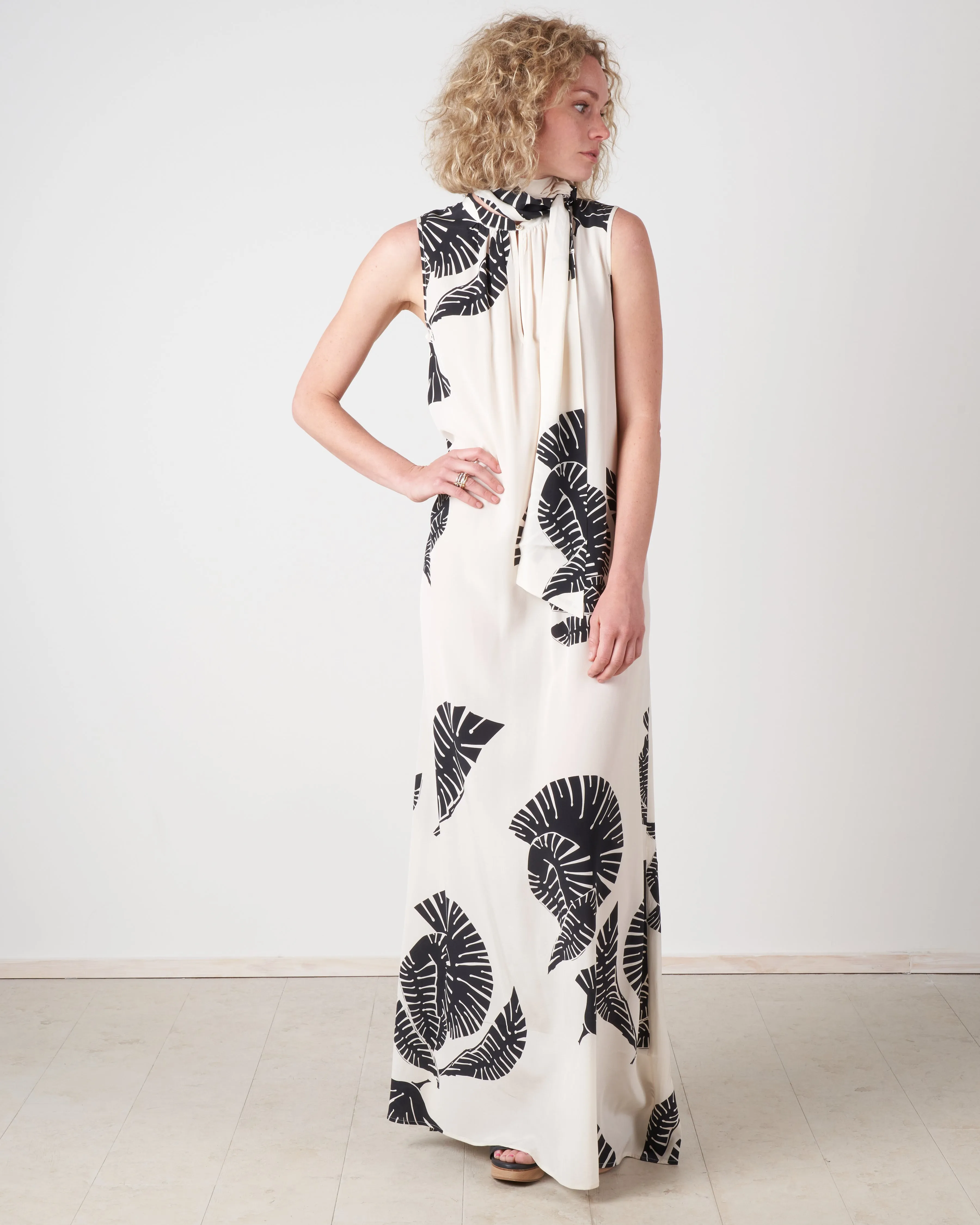 long silk dress w/leaves - ivory