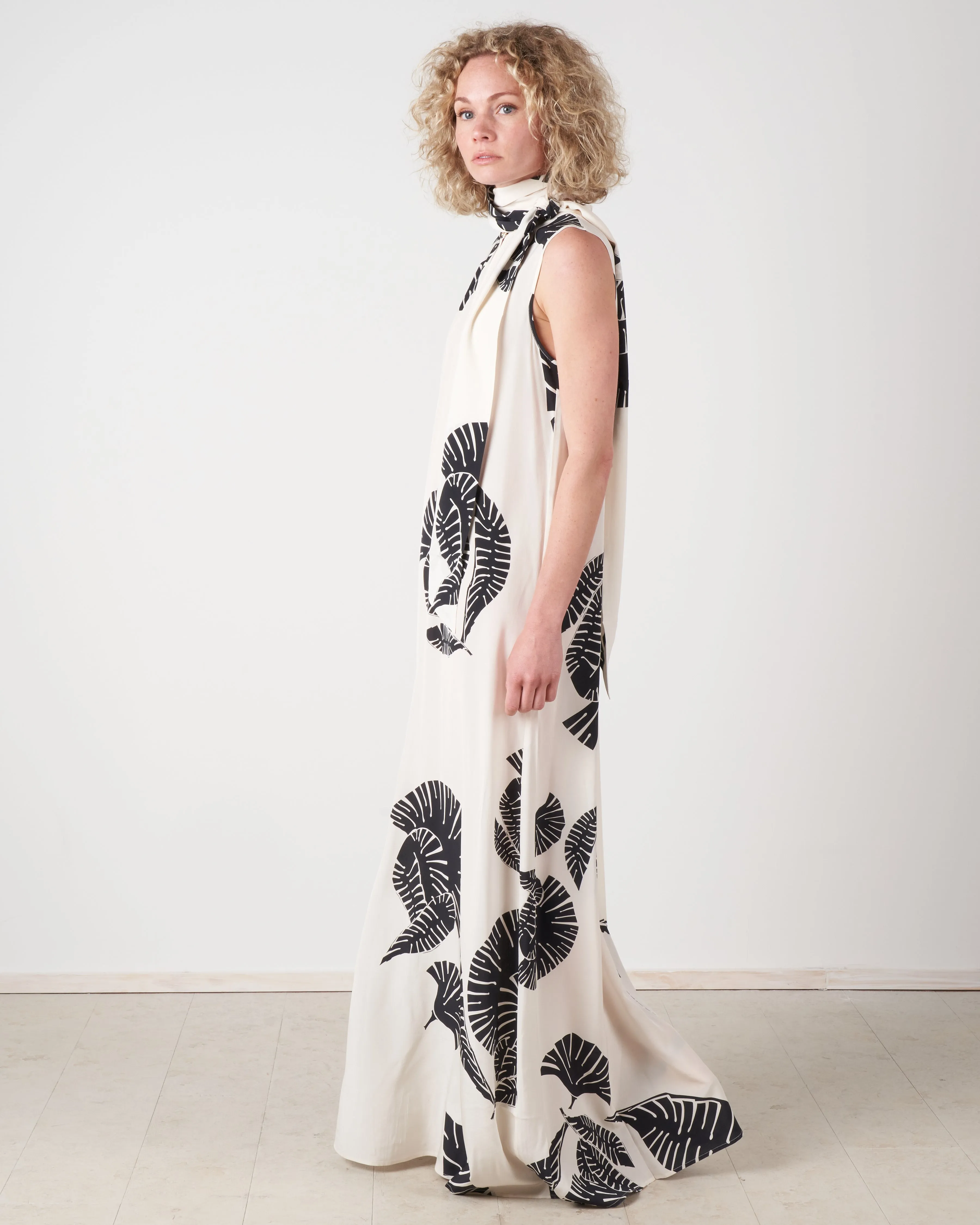 long silk dress w/leaves - ivory