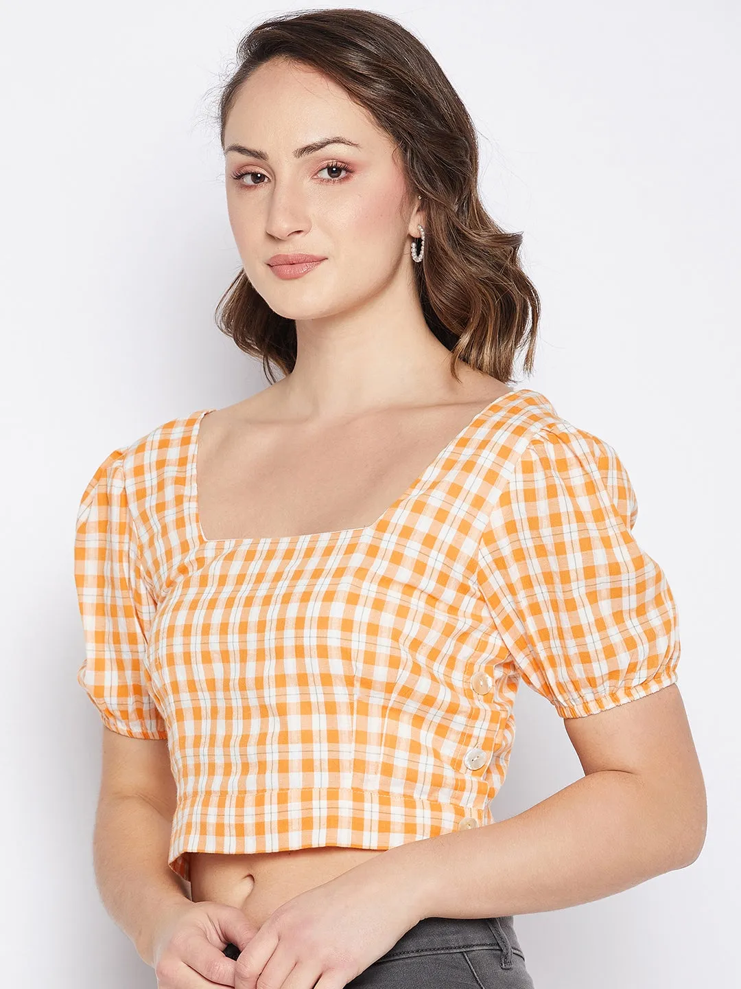 Madame Chequered Orange Puff Sleeve Crop Top