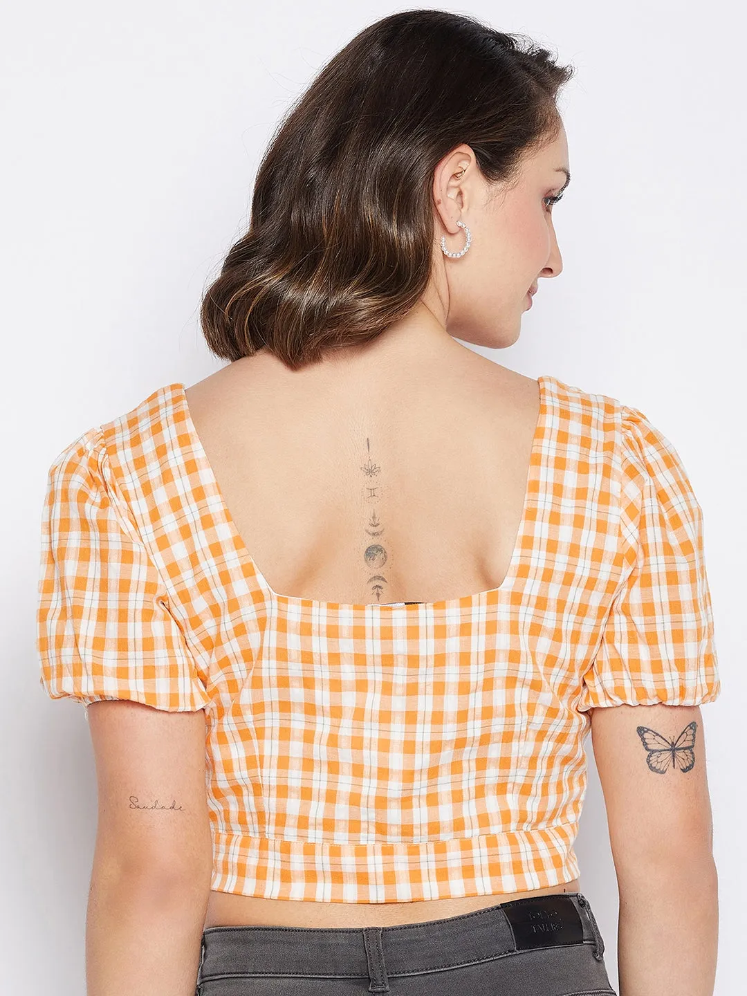 Madame Chequered Orange Puff Sleeve Crop Top