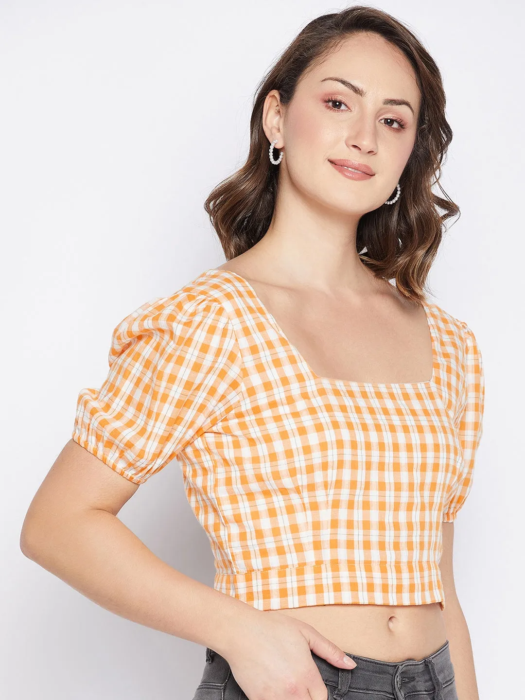Madame Chequered Orange Puff Sleeve Crop Top