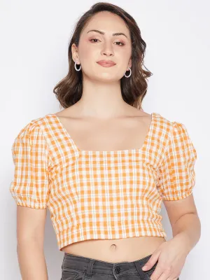 Madame Chequered Orange Puff Sleeve Crop Top