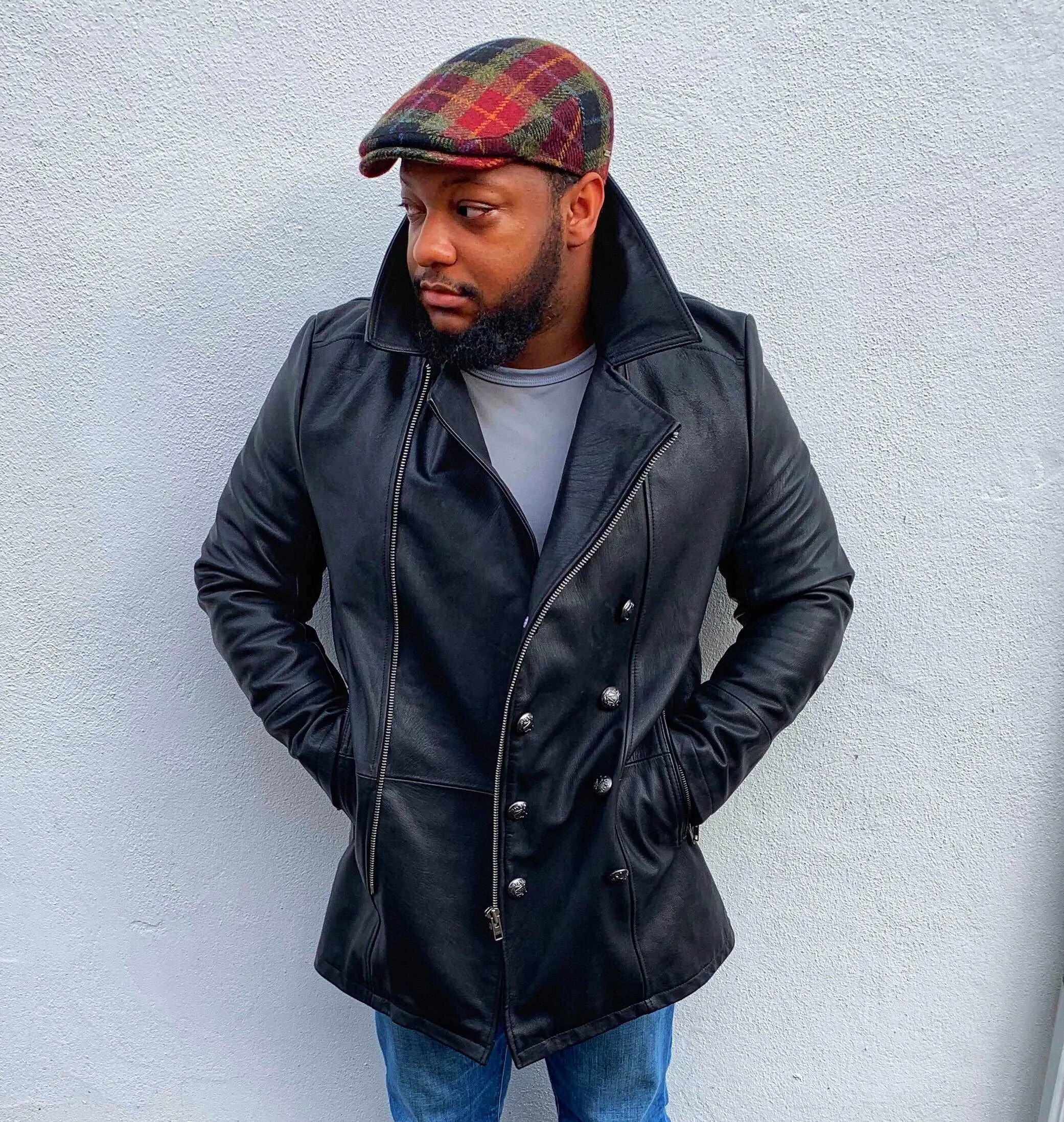 Men's Black Lambskin Leather Peacoat