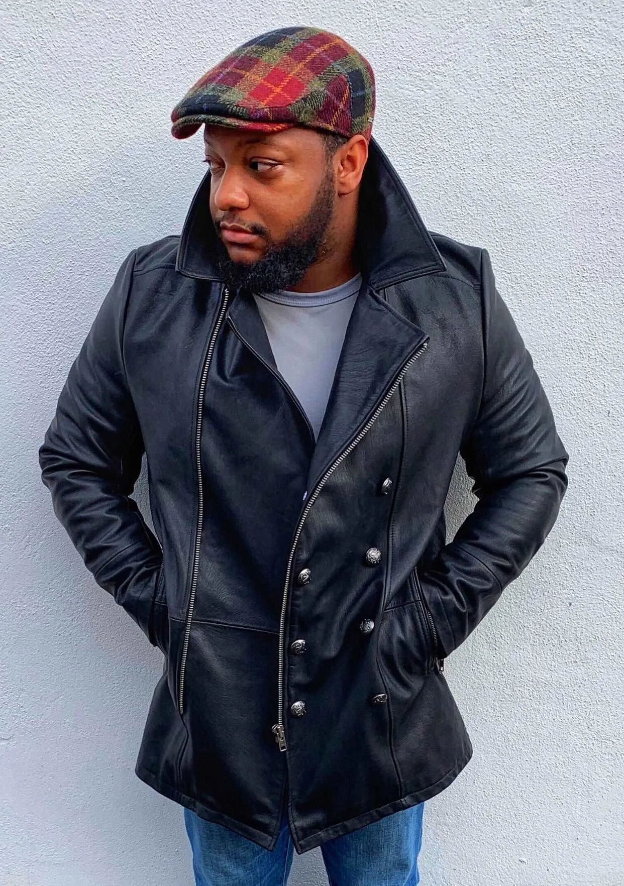 Men's Black Lambskin Leather Peacoat