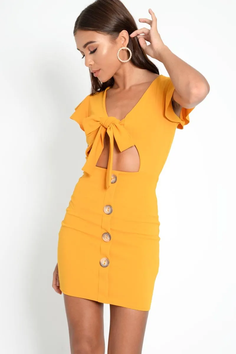 Mustard Tie Button Front Bodycon Dress - Aaira