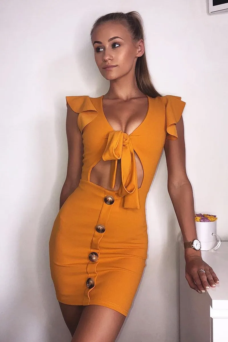 Mustard Tie Button Front Bodycon Dress - Aaira
