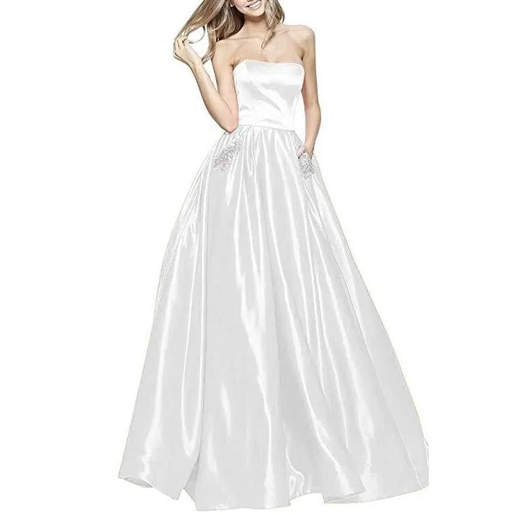 Off The Shoulder Satin Wedding Dresses With Pocket Bridesmaid Dresses
