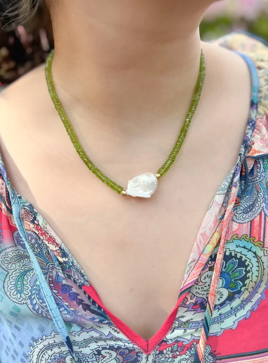 Peridot Heishi Necklace with Baroque Pearl Accent