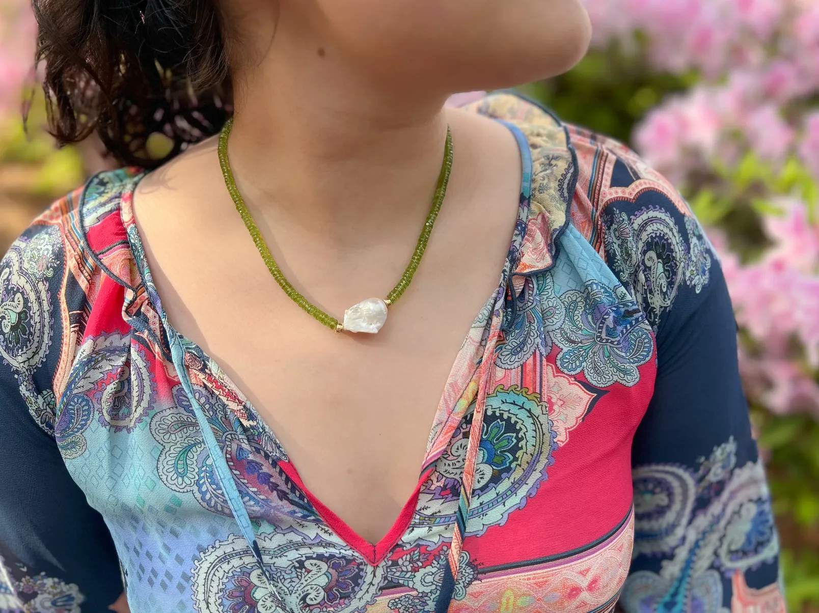 Peridot Heishi Necklace with Baroque Pearl Accent