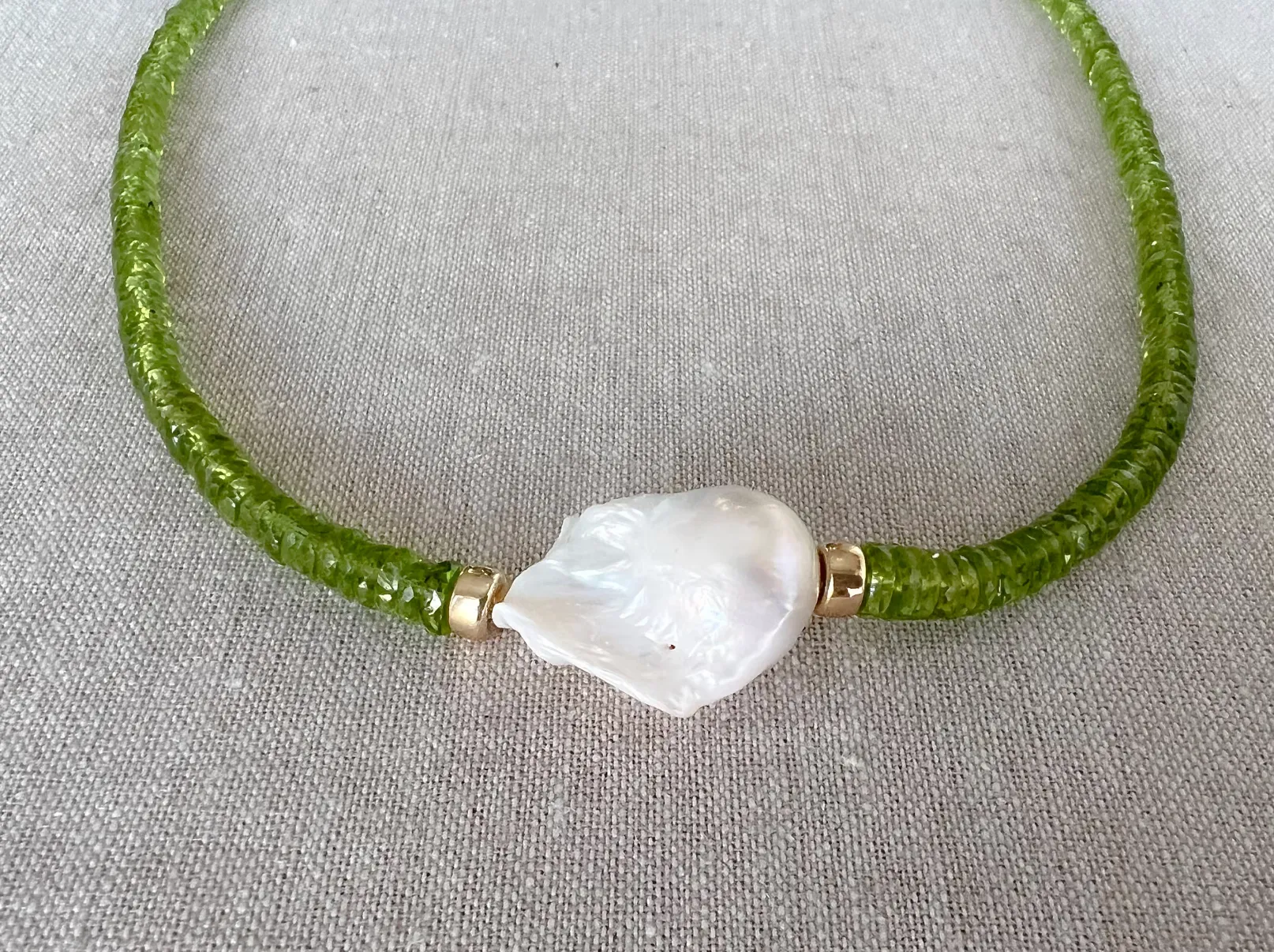 Peridot Heishi Necklace with Baroque Pearl Accent