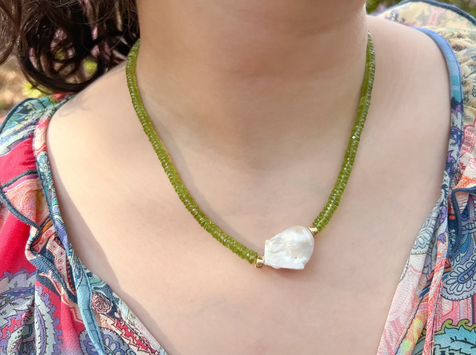 Peridot Heishi Necklace with Baroque Pearl Accent
