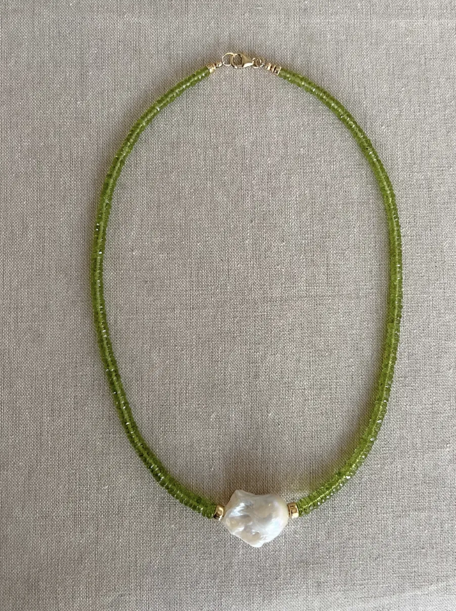 Peridot Heishi Necklace with Baroque Pearl Accent