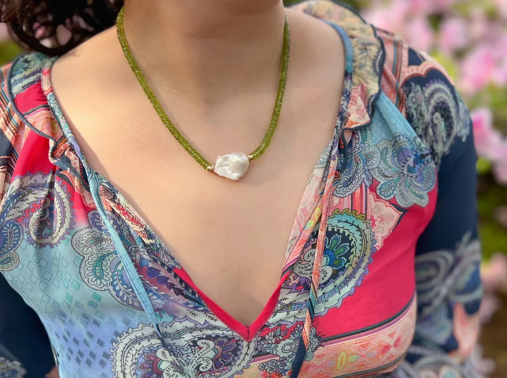 Peridot Heishi Necklace with Baroque Pearl Accent