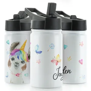 Personalised Alpaca Unicorn and Name White Sports Flask