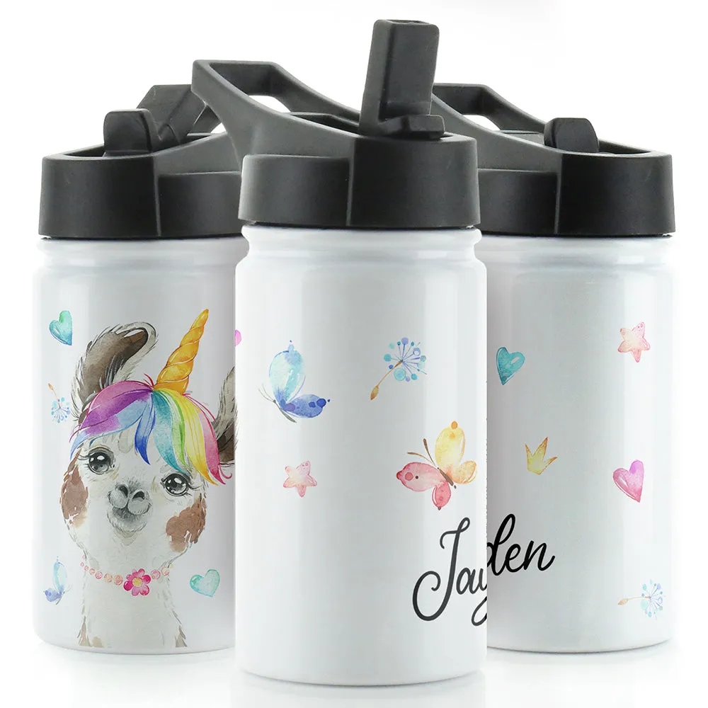 Personalised Alpaca Unicorn and Name White Sports Flask
