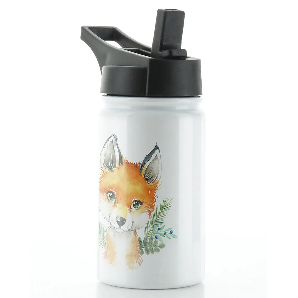 Personalised Red Fox Blue Berries and Name White Sports Flask