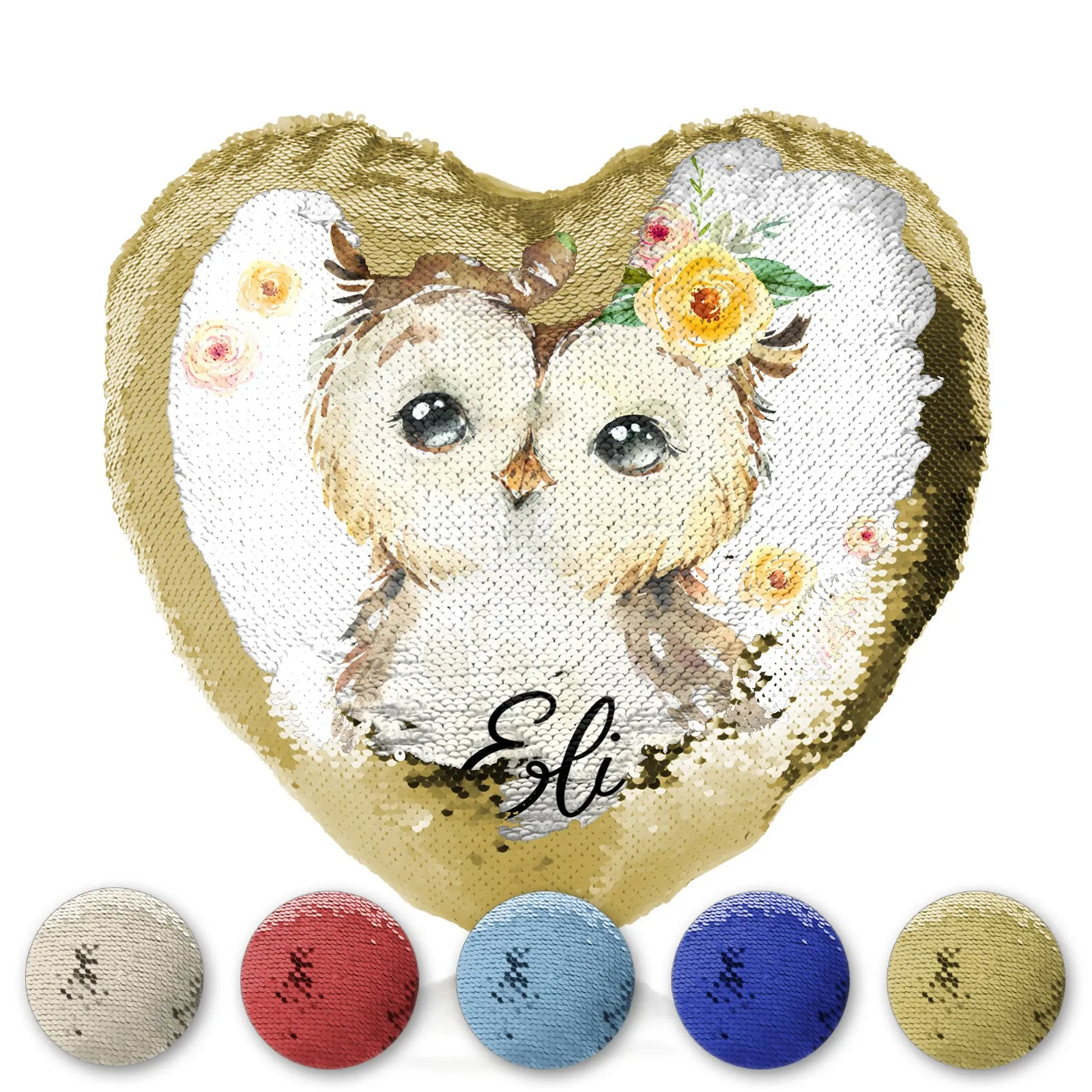 Personalised Sequin Heart Cushion with Brown Owl Yellow Flowers and Cute Text