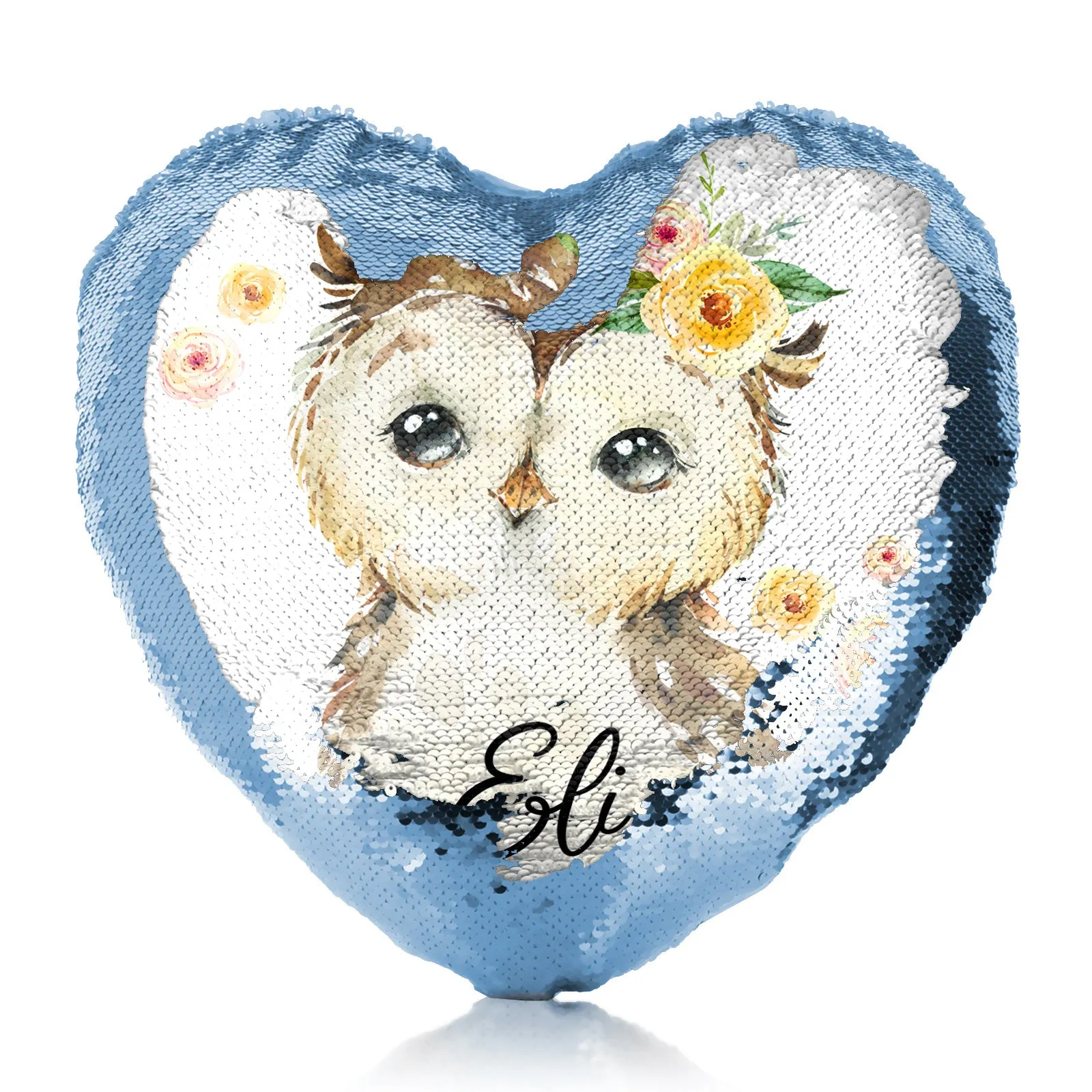 Personalised Sequin Heart Cushion with Brown Owl Yellow Flowers and Cute Text