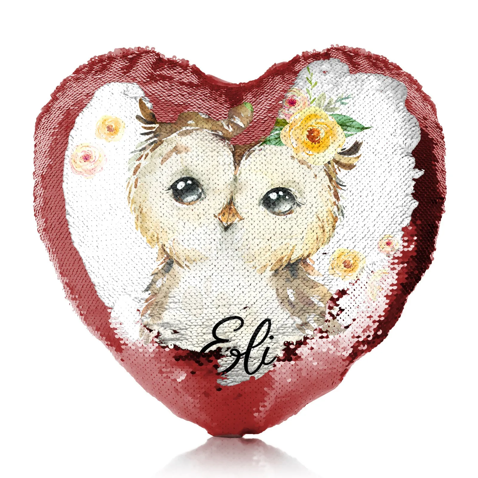 Personalised Sequin Heart Cushion with Brown Owl Yellow Flowers and Cute Text