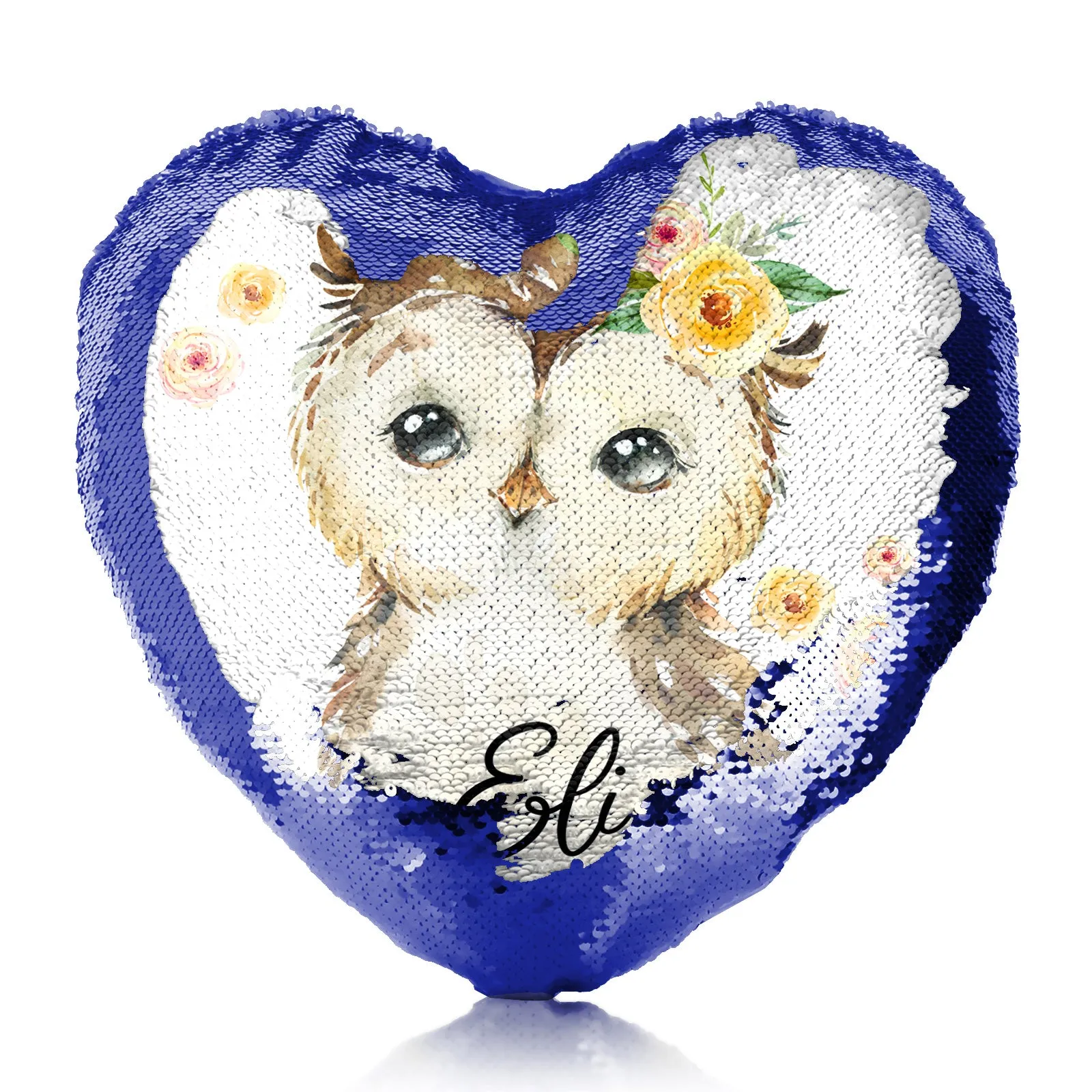 Personalised Sequin Heart Cushion with Brown Owl Yellow Flowers and Cute Text