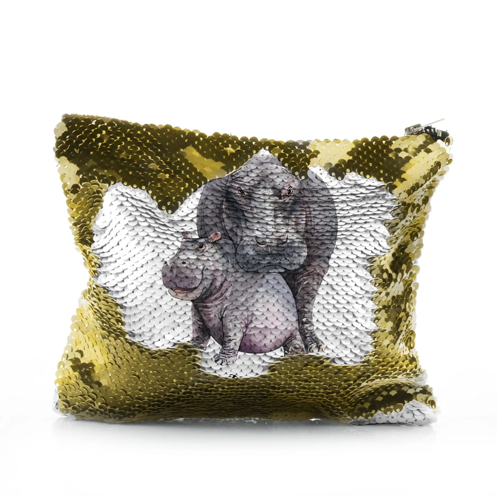 Personalised Sequin Zip Bag with Welcoming Text and Embracing Mum and Baby Hippos